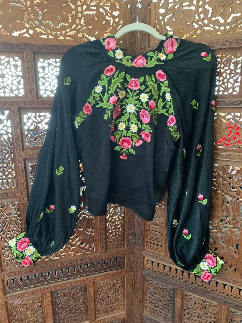 Free People Black Blouse with floral embroidery Size Large